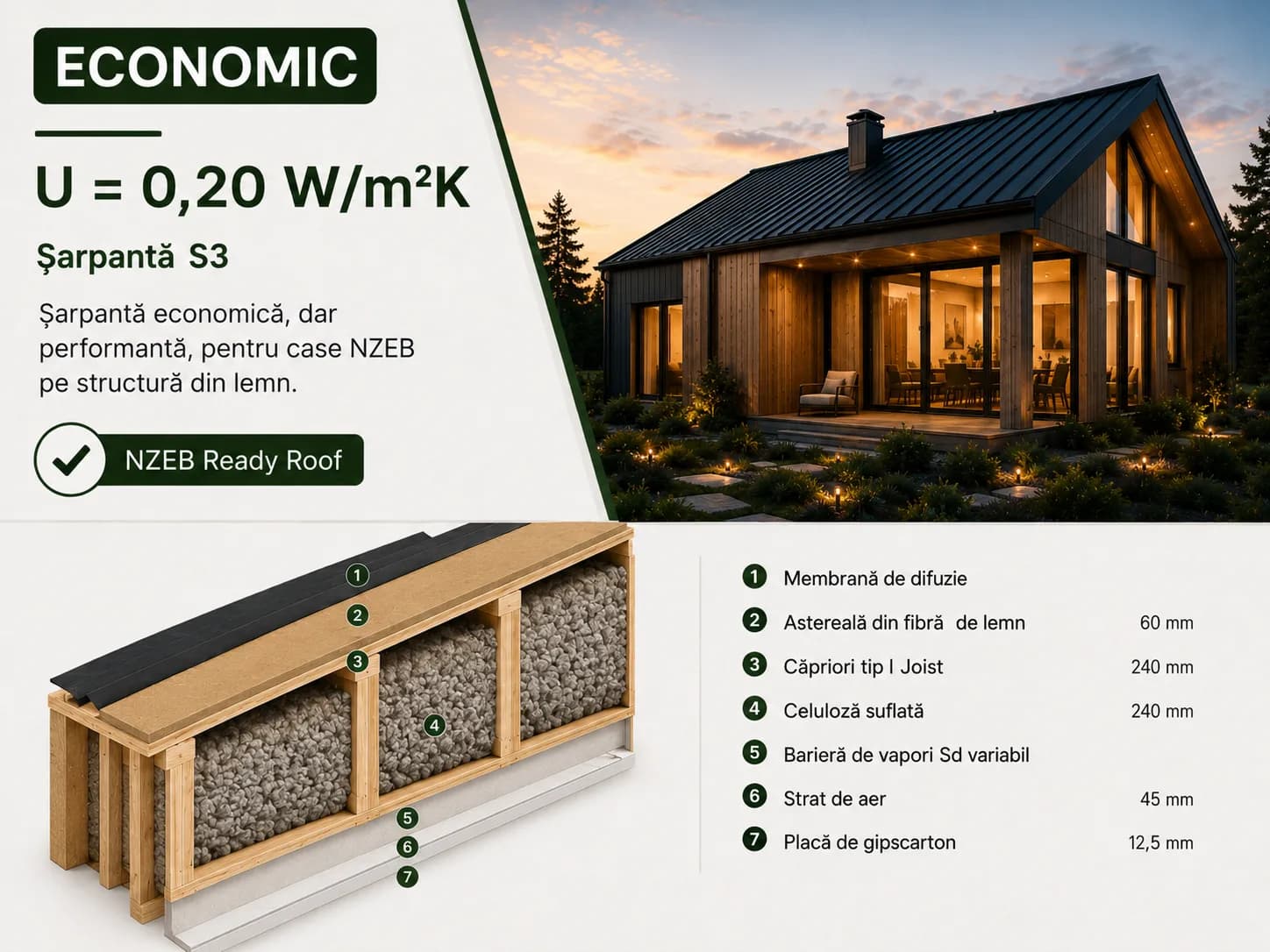 Șarpantă S3 Economic NZEB, U = 0,20 W/m²K — stratificație completă a acoperișului