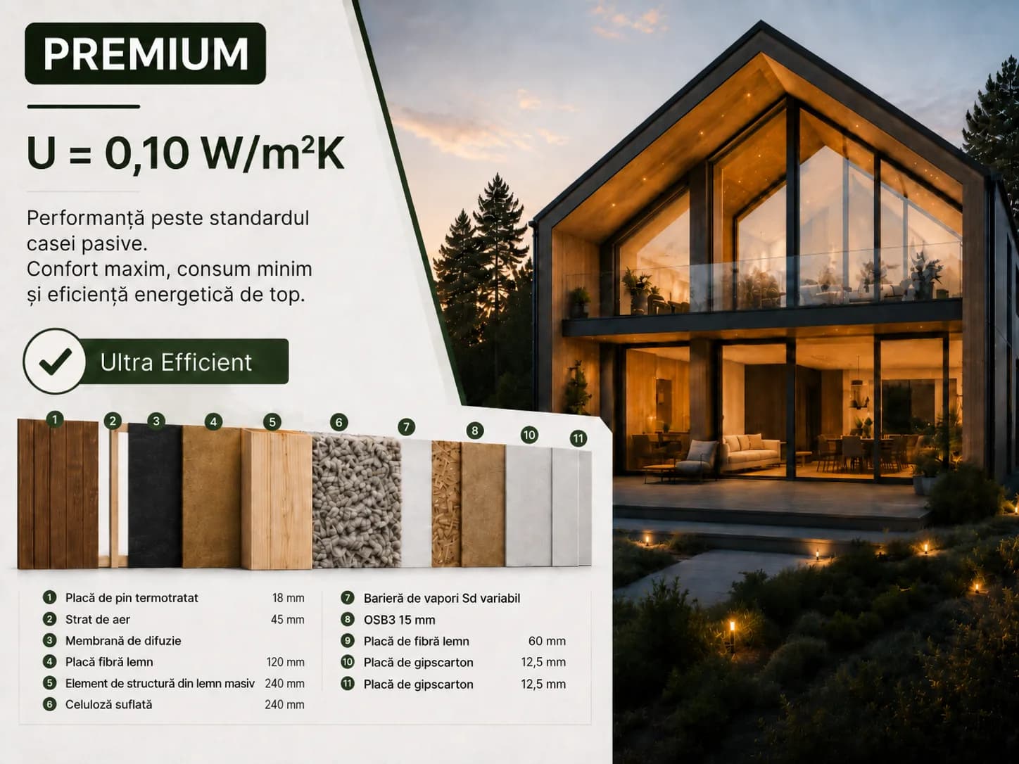 Perete exterior Premium, U = 0,10 W/m²K — stratificație completă de la exterior către interior