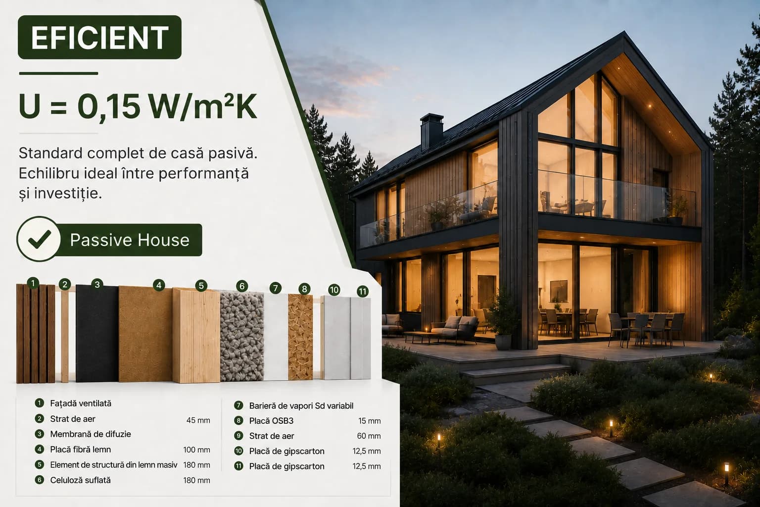 Perete exterior Eficient, U = 0,15 W/m²K — stratificație completă de la exterior către interior