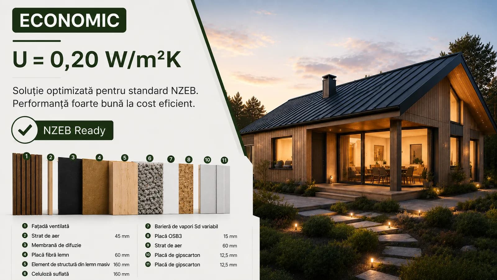 Perete exterior Economic NZEB, U = 0,20 W/m²K — stratificație completă de la exterior către interior