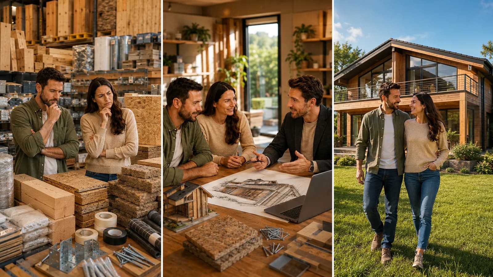 Familie fericită în fața casei lor pe structură din lemn