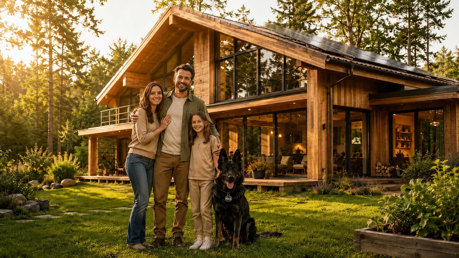 Familie cu câine, în fața unei case eco-friendly pe structură din lemn