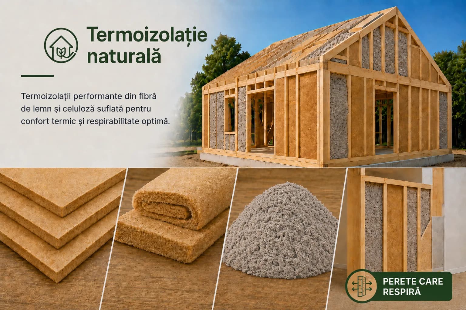 Structură de casă din lemn cu termoizolație naturală în fibre