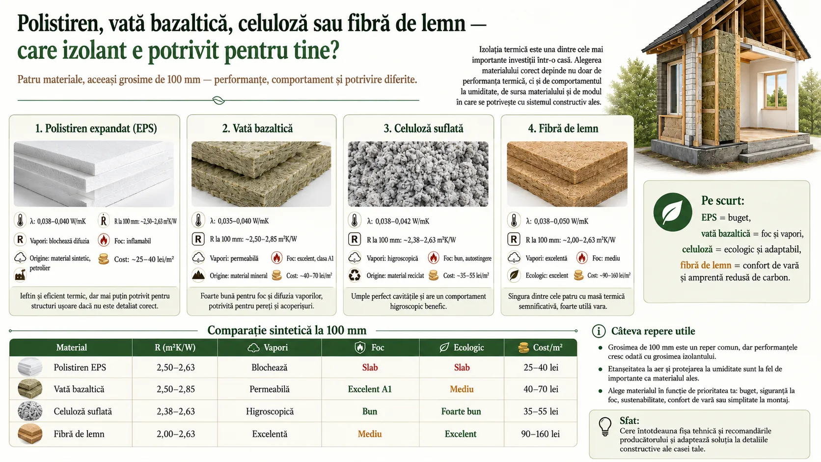Comparație izolații la 100 mm: polistiren, vată bazaltică, celuloză și fibră de lemn